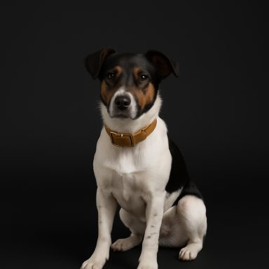Schwarzer und weißer Hund mit braunem Halsband, sitzt auf schwarzem Hintergrund.