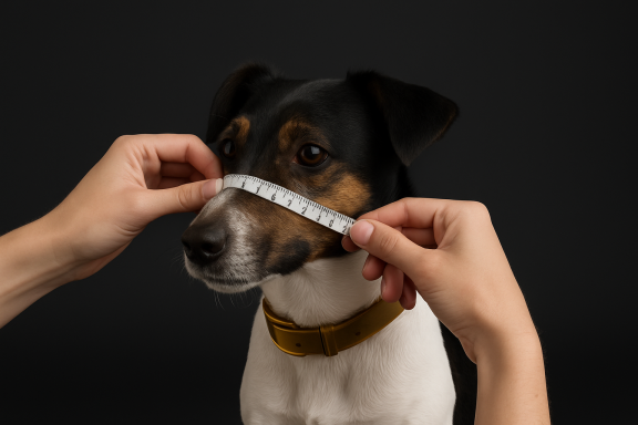 Eine Hand misst die Schnauze eines Hundes mit einem Maßband vor schwarzem Hintergrund.