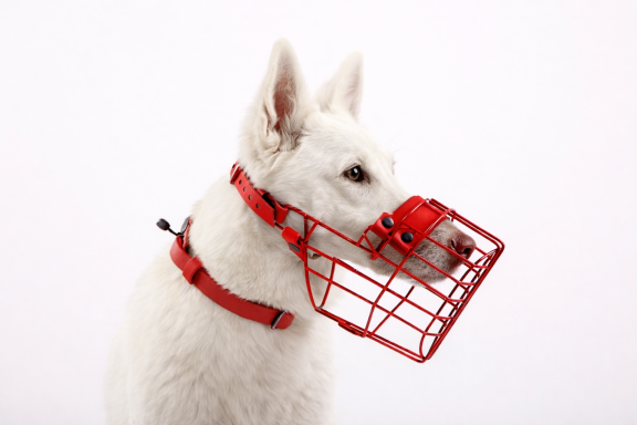 Ein weißer Hund trägt einen roten Maulkorb und ein rotes Geschirr.