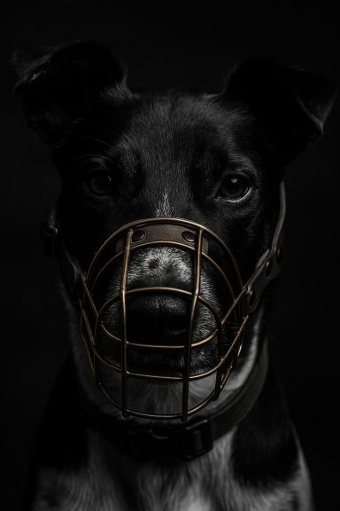 Schwarzer Hund mit einem Metallmaulkorb vor dunklem Hintergrund.
