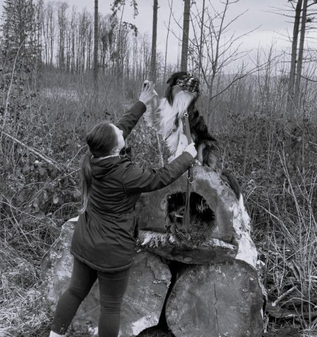Frau hebt einen Hund auf einen Holzstamm in einer bewaldeten Umgebung.