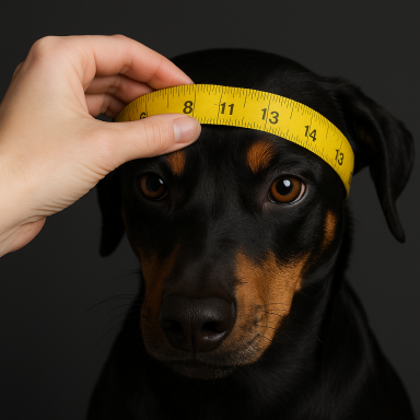 Ein schwarzer Hund wird mit einem Maßband an der Stirn gemessen.