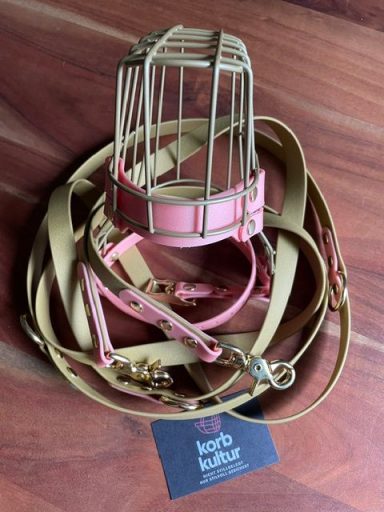 Ein rosa Hundegeschirr mit einer Käfigmaske und Leine auf einem Holztisch.